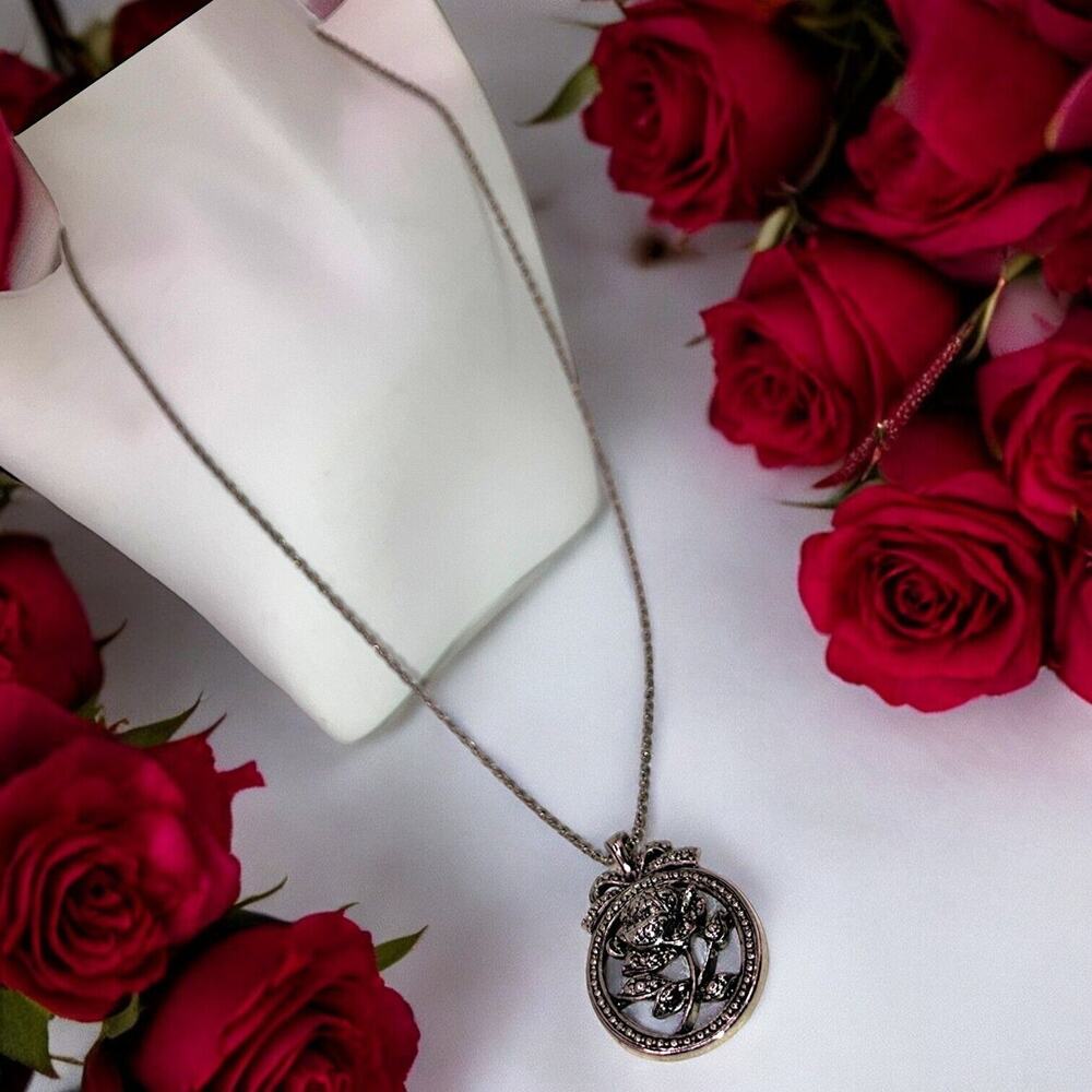 Silver-Tone Faux Marquisate Style Oval Rose Flower 24" Pendant Necklace!